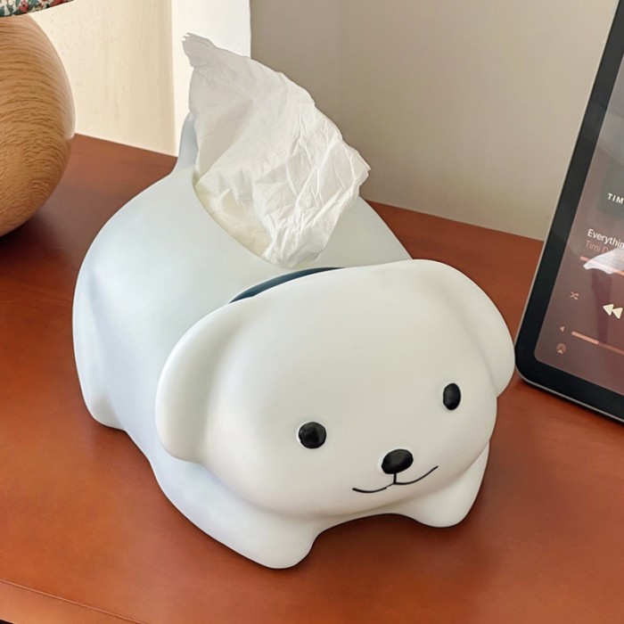 White Puppy Tissue Box Cover, Cute Dog Themed Pull Dispensing Paper Tissue Holder for Home Desk Decor