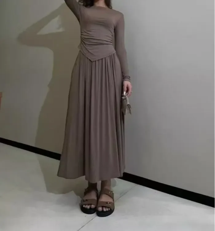 New Irregular Slim Fit Knitted Shirt High Waist Half Skirt Two Piece Set