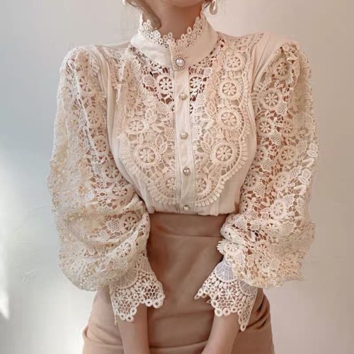 Women's Hollow Out Lace Shirt Elegant Embroidered Patchwork Long Sleeve Blouse