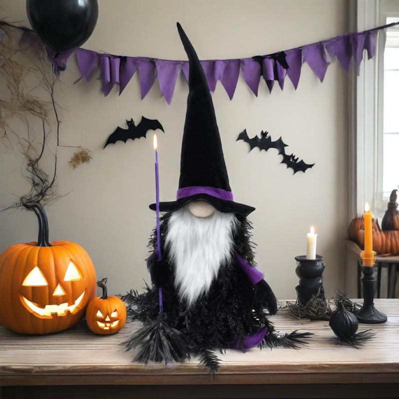 Handmade Halloween Tomte Gnome Figurine – Black & White Plush with Beard & Broomstick, Table or Home Décor