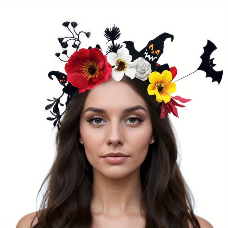 Women's & Teen s' Gothic Floral Bat Wing Headband with Black Bats, Red Poppies & Blue Cornflowers - Elastic Comfort Fit for Halloween Costumes, Themed Parties, Cosplay Accessories - Spooky Hair Hoop Party Favors