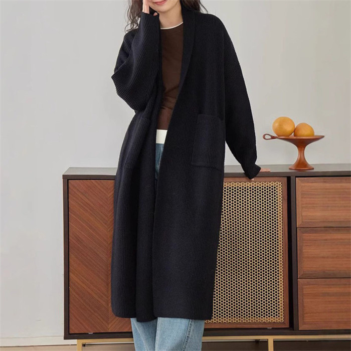 Women's Brown V-neck Long Knitted Cardigan Loose Thick Sweater Autumn and Winter
