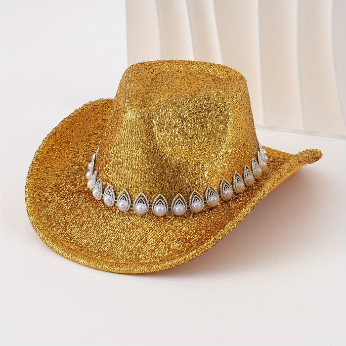 Women Cowgirl Hat, Glitter Soft Wide Brim Hat Pearled Western Hat for Club Party