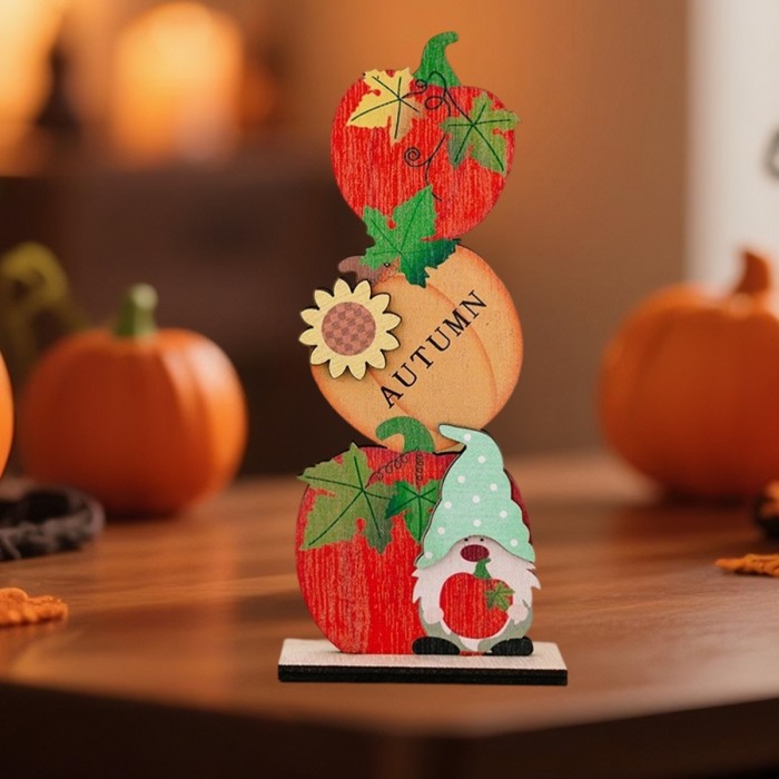 Charming Wooden Gnome & Hedgehog Thanksgiving Table Sign – Autumn Harvest Decor with Pumpkins, Apples & Sunflowers, Perfect Fall & Thanksgiving Home Decoration