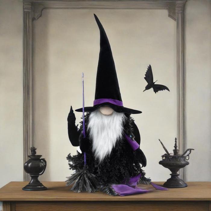 Handmade Halloween Tomte Gnome Figurine – Black & White Plush with Beard & Broomstick, Table or Home Décor