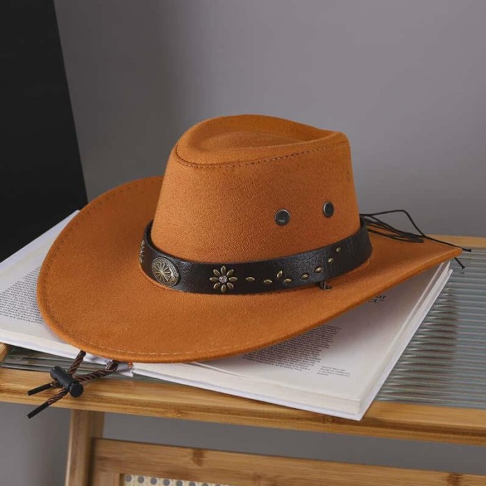 Vintage Western Cowboy Hat - Distressed Denim Wide Brim Hat with Adjustable Leather Chin Strap for Halloween, Rodeo Events & Outdoor Activities