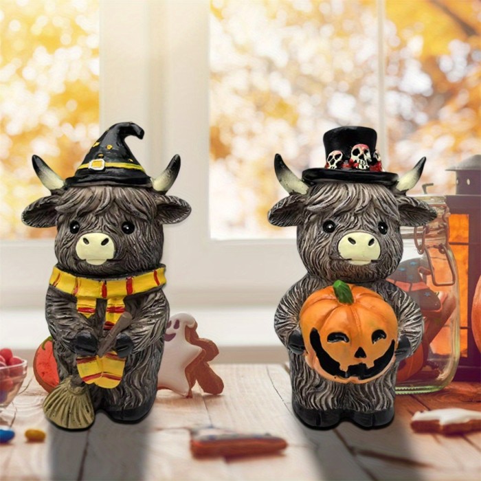 2pcs Halloween Highland Cow Figurines – Autumn Pumpkin Maple Leaf Resin Statues, Rustic Farmhouse Fall Decorations for Home, Garden & Table Decor