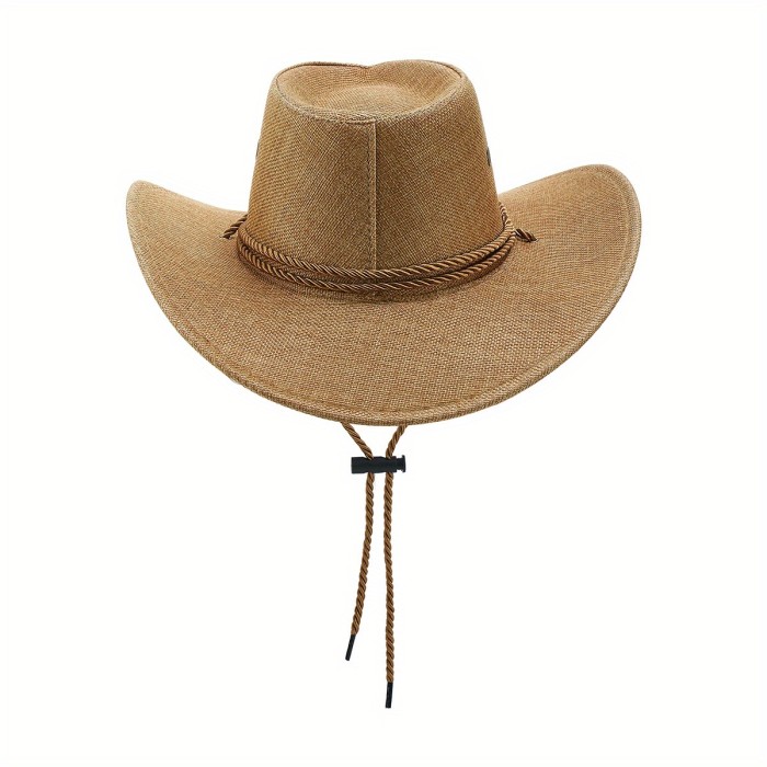 Women's Western Cowboy Hat Linen with Rope Strap Durable Breathable Outdoor Accessory