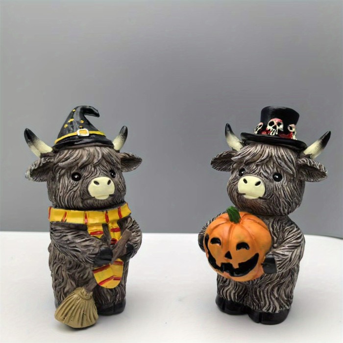 2pcs Halloween Highland Cow Figurines – Autumn Pumpkin Maple Leaf Resin Statues, Rustic Farmhouse Fall Decorations for Home, Garden & Table Decor