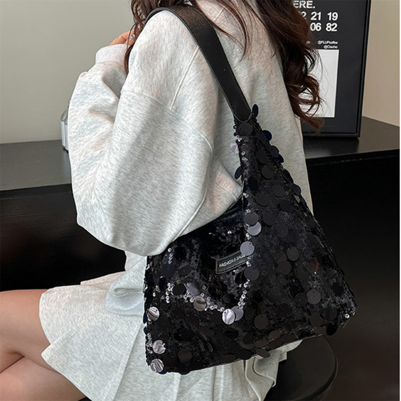 Women’s Sequin Tote Bag – Sparkle Shoulder Hobo Handbag with Wide Strap & Zip Closure