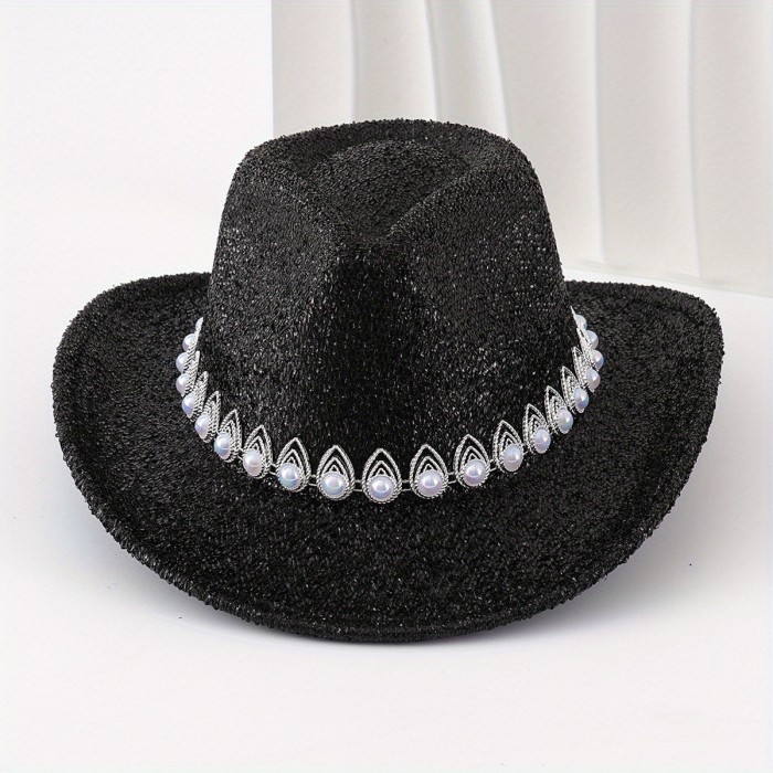 Women Cowgirl Hat, Glitter Soft Wide Brim Hat Pearled Western Hat for Club Party