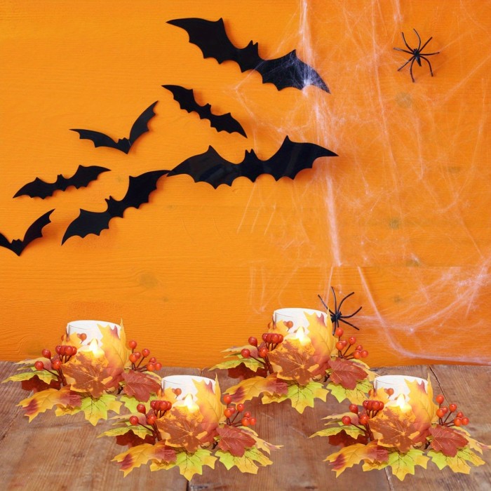 4pcs Elegant Fall Maple Leaf & Berry Candle Holders - Durable Plastic\u002F Wreath Centerpiece with Clear Glass-Like Top, Warm Autumn Colors (Golden, Brown, Orange, Red) for Thanksgiving Tabletop Decor, Rustic Farmhouse Candle Rings, No Electricity Needed, Easy Assembly, Classic Style Desktop Candle Holders with Realistic Maple Leaves and Berries for Festive Home Decoration