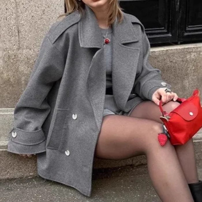 Grey Woolen Suit Jacket Autumn Elegant Loose Mid Length Coat Women's Clothing