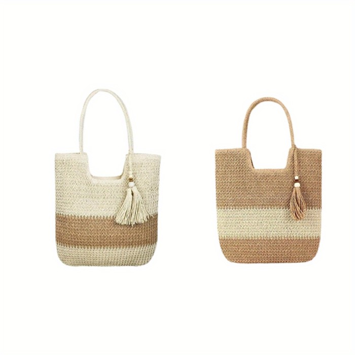 Women's Large Straw Beach Tote Bag - Woven Natural Beige & Brown Tote with Zipper Closure, Decorative Tassel Tassel Accent - Lightweight Durable Straw Fabric for Summer Vacation, Pool, Shopping & Picnic - Stylish & Spacious Handbag