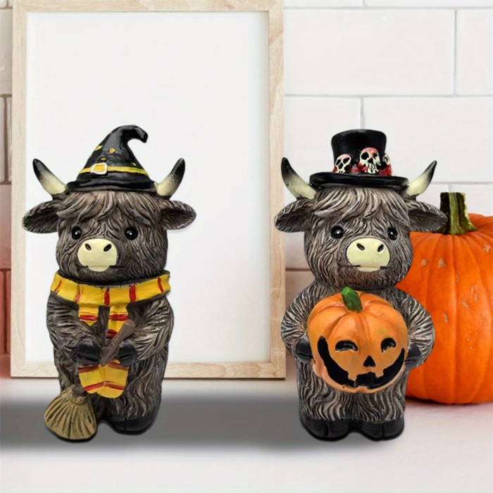2pcs Halloween Highland Cow Figurines – Autumn Pumpkin Maple Leaf Resin Statues, Rustic Farmhouse Fall Decorations for Home, Garden & Table Decor