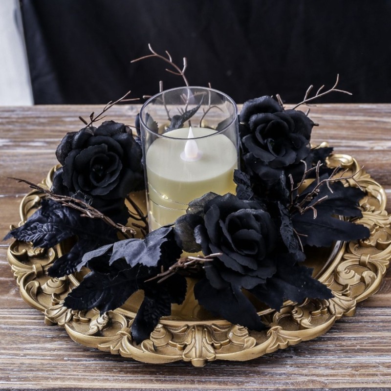 Halloween Black Rose Wreath Centerpiece – Gothic Candle Ring with Gold Frame for Home, Party, Wedding Décor