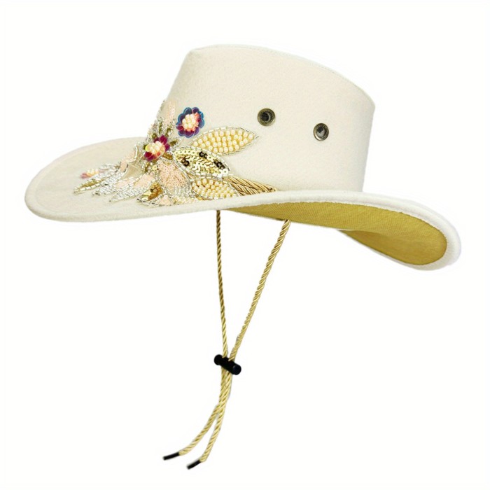 Women Wide Brim Suede Hat Fashion Floral Embroidery Cowgirl Hat Autumn Winter Felt Jazz Cap