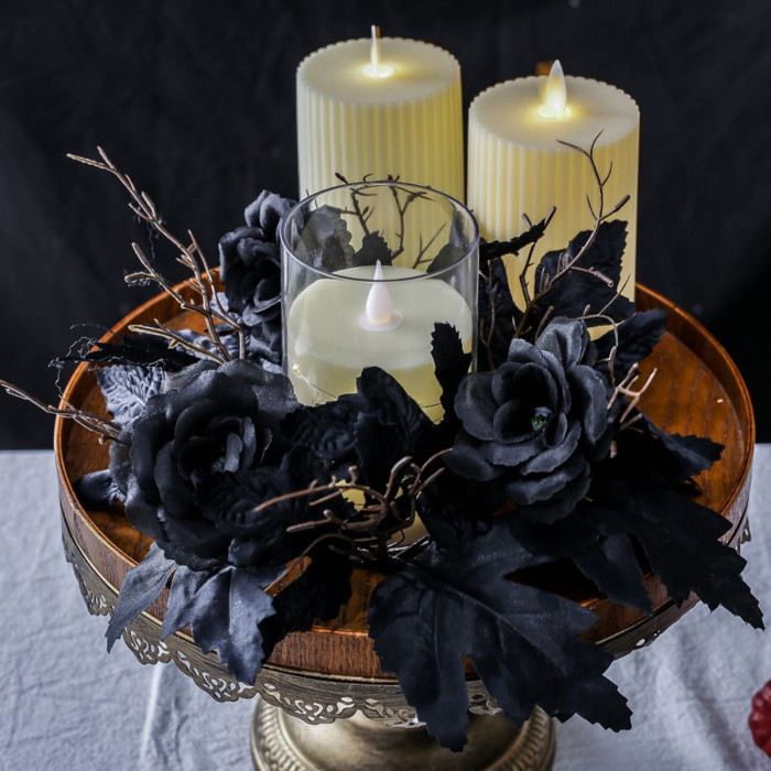 Halloween Black Rose Wreath Centerpiece – Gothic Candle Ring with Gold Frame for Home, Party, Wedding Décor