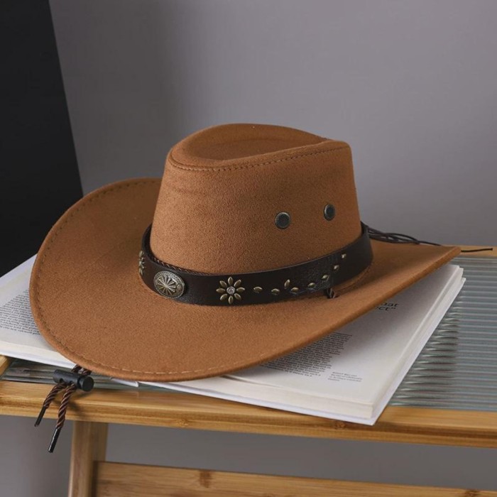 Vintage Western Cowboy Hat - Distressed Denim Wide Brim Hat with Adjustable Leather Chin Strap for Halloween, Rodeo Events & Outdoor Activities