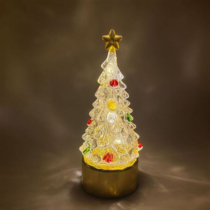 Festive Mini Christmas Tree Ornaments – Self-Lit Glow Effect with Star Topper & Colorful Baubles, Durable Plastic Holiday Décor for Indoor/Outdoor Use