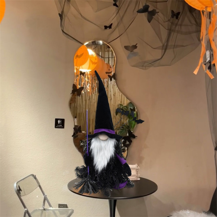 Handmade Halloween Tomte Gnome Figurine – Black & White Plush with Beard & Broomstick, Table or Home Décor