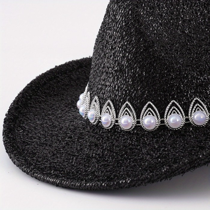 Women Cowgirl Hat, Glitter Soft Wide Brim Hat Pearled Western Hat for Club Party