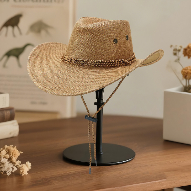 Women's Western Cowboy Hat Linen with Rope Strap Durable Breathable Outdoor Accessory