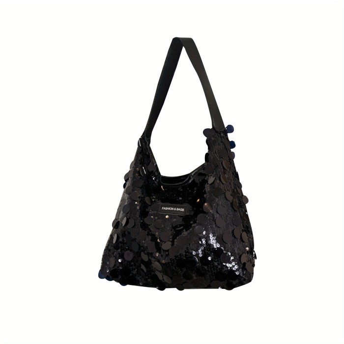Women’s Sequin Tote Bag – Sparkle Shoulder Hobo Handbag with Wide Strap & Zip Closure