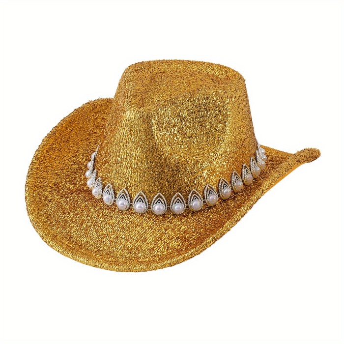 Women Cowgirl Hat, Glitter Soft Wide Brim Hat Pearled Western Hat for Club Party