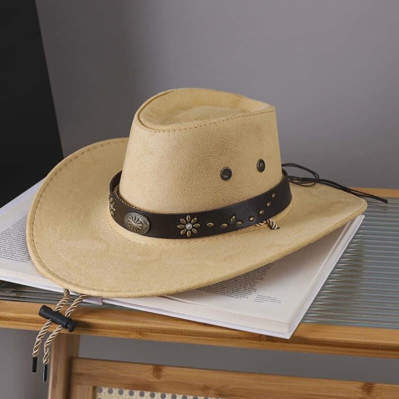 Vintage Western Cowboy Hat - Distressed Denim Wide Brim Hat with Adjustable Leather Chin Strap for Halloween, Rodeo Events & Outdoor Activities