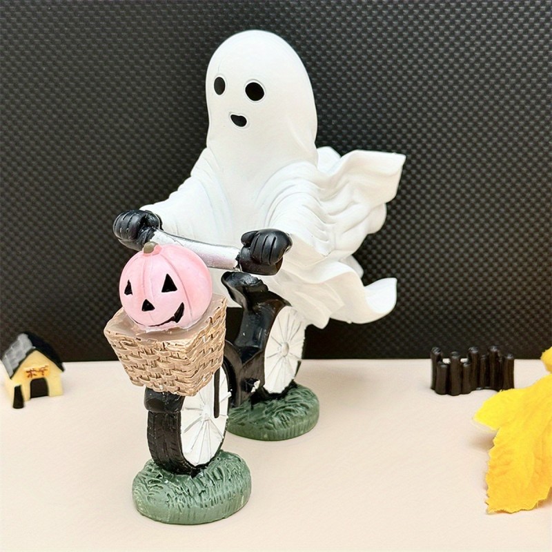 Halloween Ghost Figurine Resin White Ghost Riding Bicycle Statue Indoor Home Decor Tabletop Sculpture, Halloween Event, Fashionable And Exquisite, Back to School Season Gift, Is a Must-Have Decoration for Halloween Families And Parties