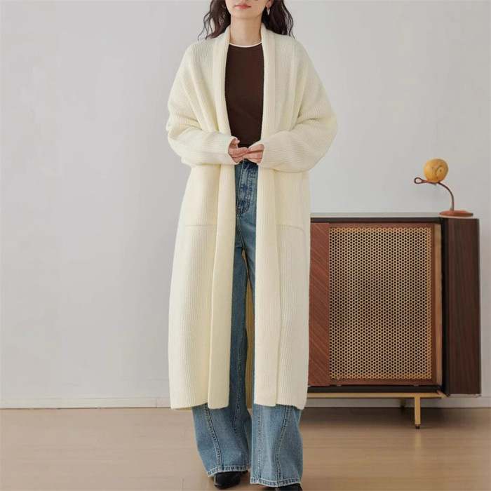 Women's Brown V-neck Long Knitted Cardigan Loose Thick Sweater Autumn and Winter