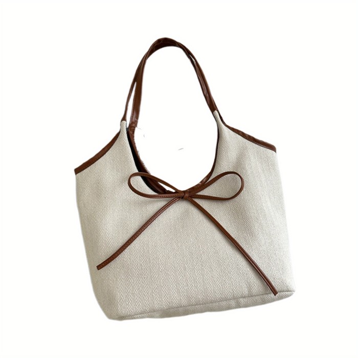 Women’s White Hemp Tote Bag – Spacious Handbag with Brown Bow Accent