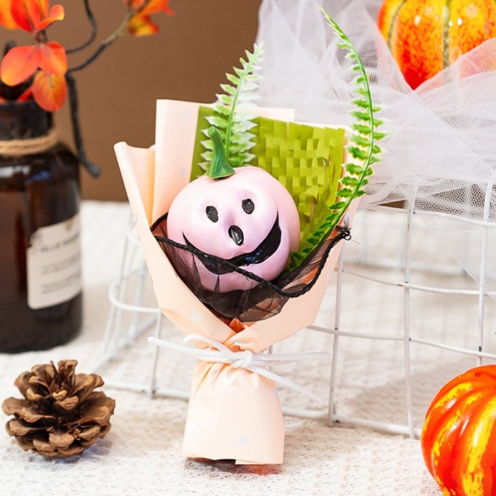 Halloween Pumpkin Bouquet – Jack-O’-Lantern Centerpiece with White Ribbon, Fall Table & Home Décor