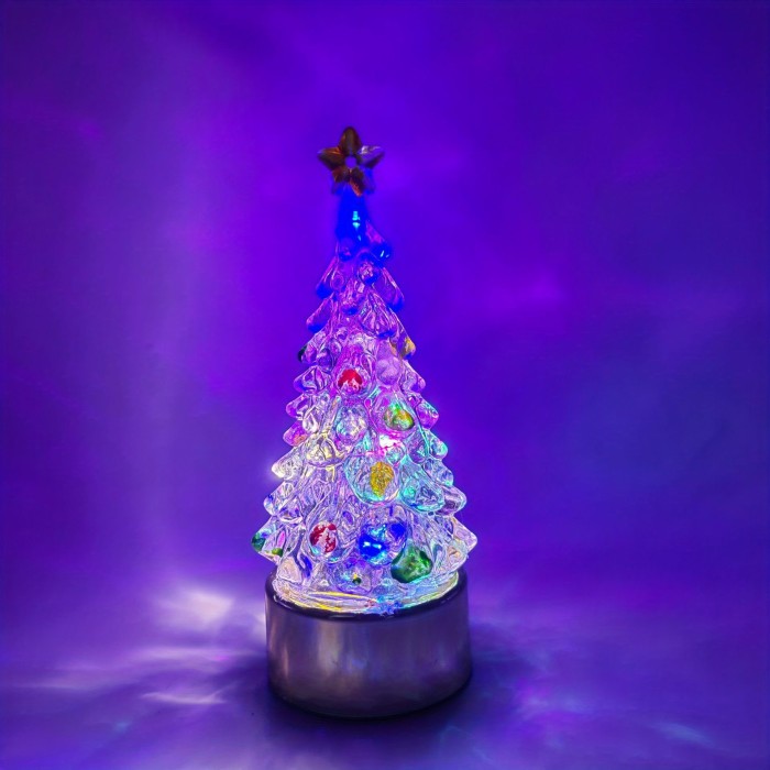 Festive Mini Christmas Tree Ornaments – Self-Lit Glow Effect with Star Topper & Colorful Baubles, Durable Plastic Holiday Décor for Indoor/Outdoor Use