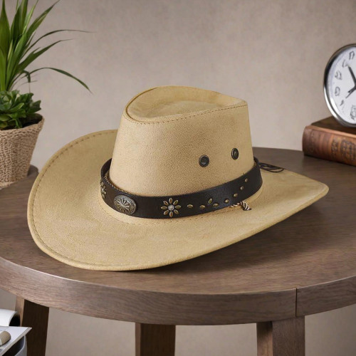 Vintage Western Cowboy Hat - Distressed Denim Wide Brim Hat with Adjustable Leather Chin Strap for Halloween, Rodeo Events & Outdoor Activities