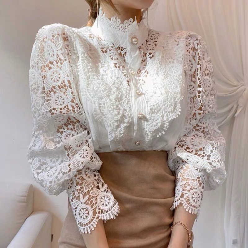 Women's Hollow Out Lace Shirt Elegant Embroidered Patchwork Long Sleeve Blouse