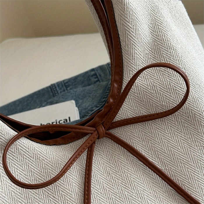 Women’s White Hemp Tote Bag – Spacious Handbag with Brown Bow Accent