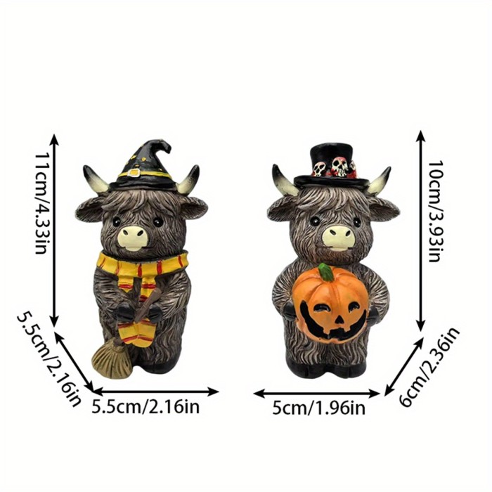 2pcs Halloween Highland Cow Figurines – Autumn Pumpkin Maple Leaf Resin Statues, Rustic Farmhouse Fall Decorations for Home, Garden & Table Decor