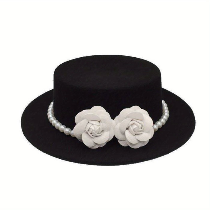 2D Flat - Women'S Vintage Fedora Hat - Elegant Black with Floral accent, Wide Brim, Lightweight Non-Stretch Formal & Everyday Women'S Fashion Hat for Church, Derby, Parties - Classic Flat Top Derby Cap, Party Accessory, Pearl Embellishments, Church Accessory, Hand Washable, Stylish Women