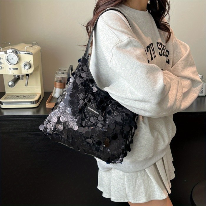 Women’s Sequin Tote Bag – Sparkle Shoulder Hobo Handbag with Wide Strap & Zip Closure