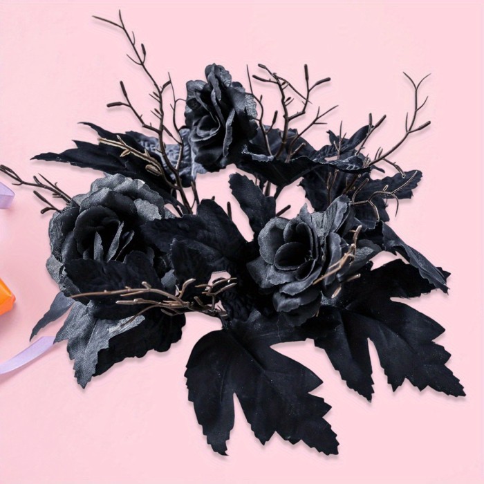 Halloween Black Rose Wreath Centerpiece – Gothic Candle Ring with Gold Frame for Home, Party, Wedding Décor