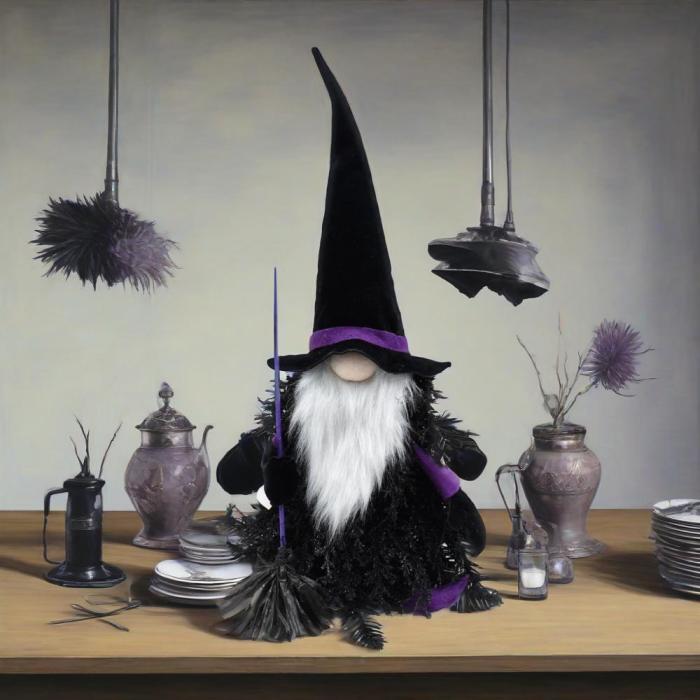 Handmade Halloween Tomte Gnome Figurine – Black & White Plush with Beard & Broomstick, Table or Home Décor