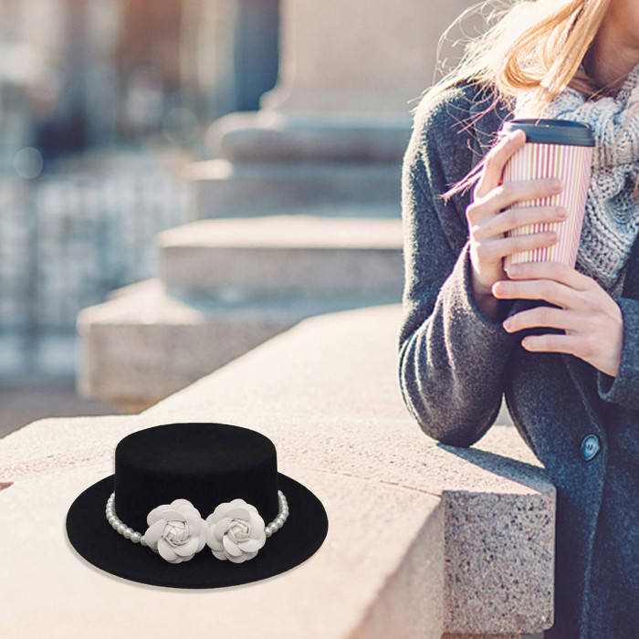 2D Flat - Women'S Vintage Fedora Hat - Elegant Black with Floral accent, Wide Brim, Lightweight Non-Stretch Formal & Everyday Women'S Fashion Hat for Church, Derby, Parties - Classic Flat Top Derby Cap, Party Accessory, Pearl Embellishments, Church Accessory, Hand Washable, Stylish Women
