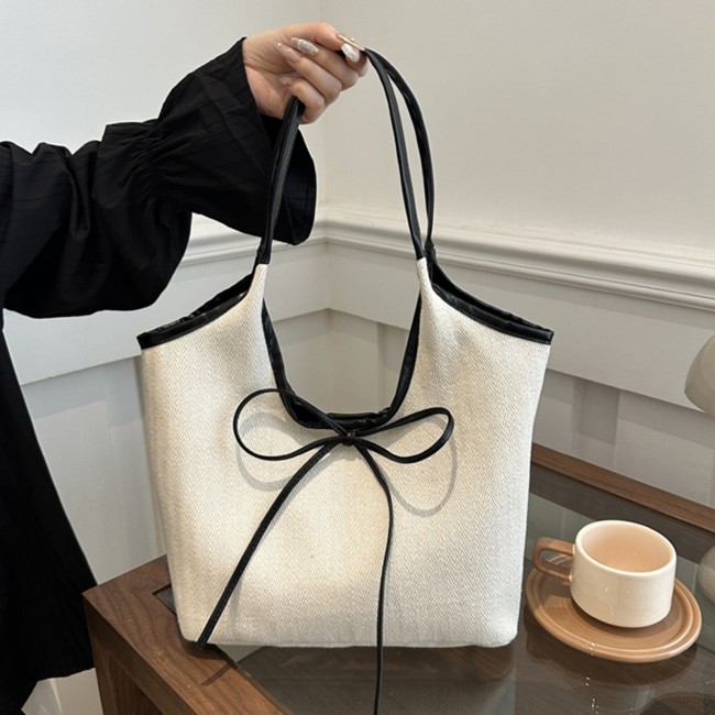 Women’s White Hemp Tote Bag – Spacious Handbag with Brown Bow Accent