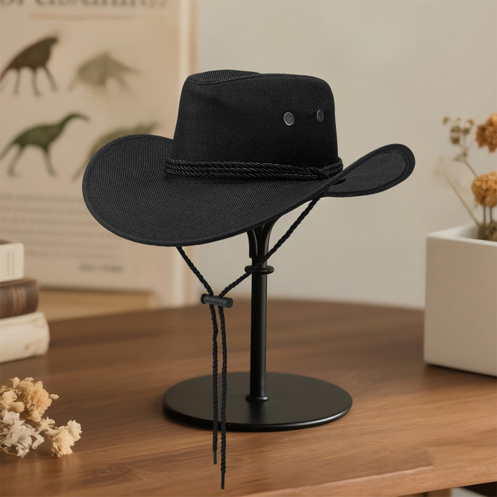 Women's Western Cowboy Hat Linen with Rope Strap Durable Breathable Outdoor Accessory