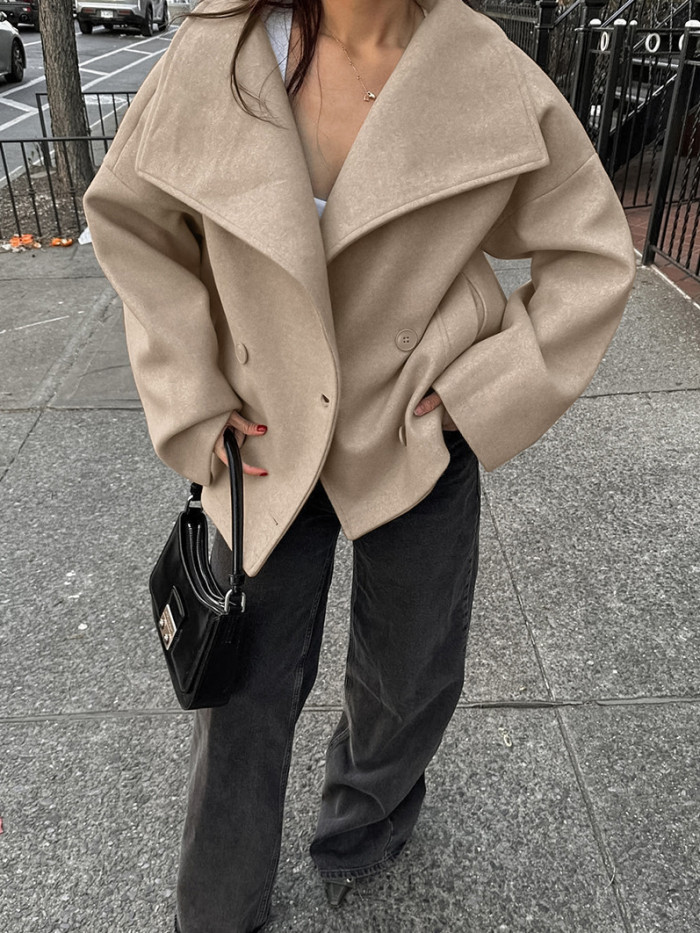 Winter Khaki Woolen Double Breasted Coat High-End Women's Clothing