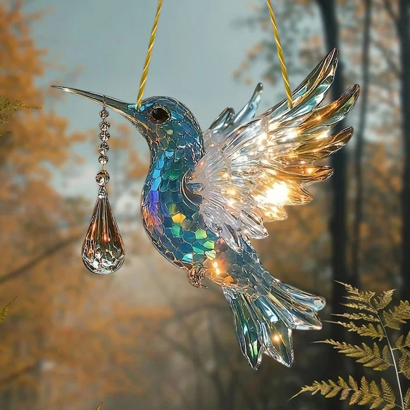 2D Flat, Acrylic Hummingbird Sun Catcher - Colorful Mosaic Stained Glass Effect Hanger Ornament, Elegant Ornate Design for Home Decor, No Electricity Needed, Featherless, 2D Flat Design, Perfect for Living Room or Bedroom, Bedroom Decoration | Art Deco Style | Acrylic Construction, Hummingbird Decor