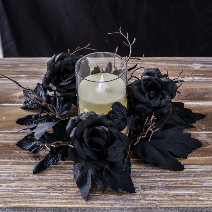Halloween Black Rose Wreath Centerpiece – Gothic Candle Ring with Gold Frame for Home, Party, Wedding Décor