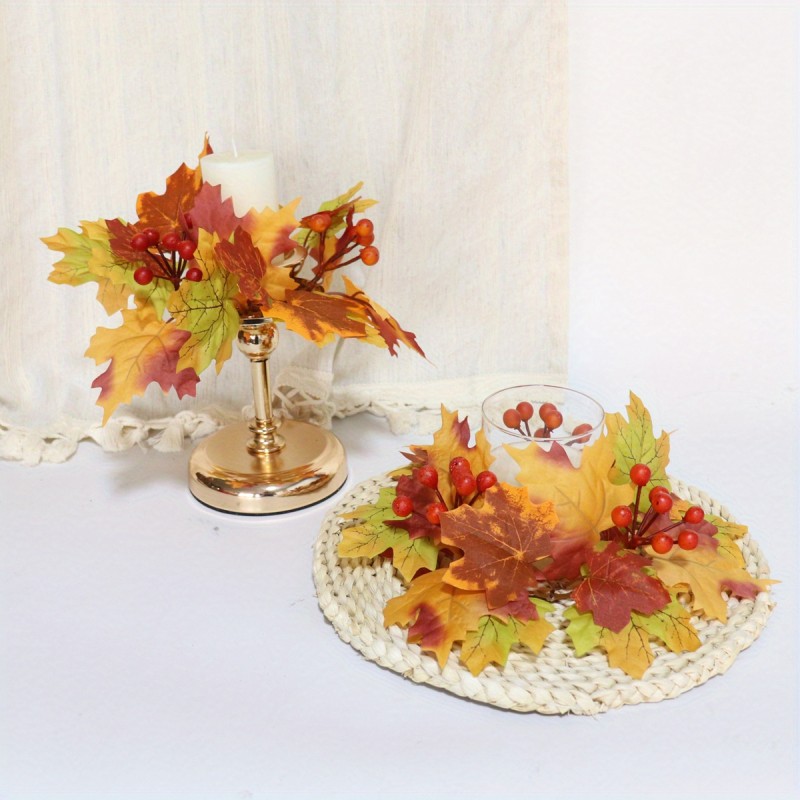 4pcs Elegant Fall Maple Leaf & Berry Candle Holders - Durable Plastic\u002F Wreath Centerpiece with Clear Glass-Like Top, Warm Autumn Colors (Golden, Brown, Orange, Red) for Thanksgiving Tabletop Decor, Rustic Farmhouse Candle Rings, No Electricity Needed, Easy Assembly, Classic Style Desktop Candle Holders with Realistic Maple Leaves and Berries for Festive Home Decoration